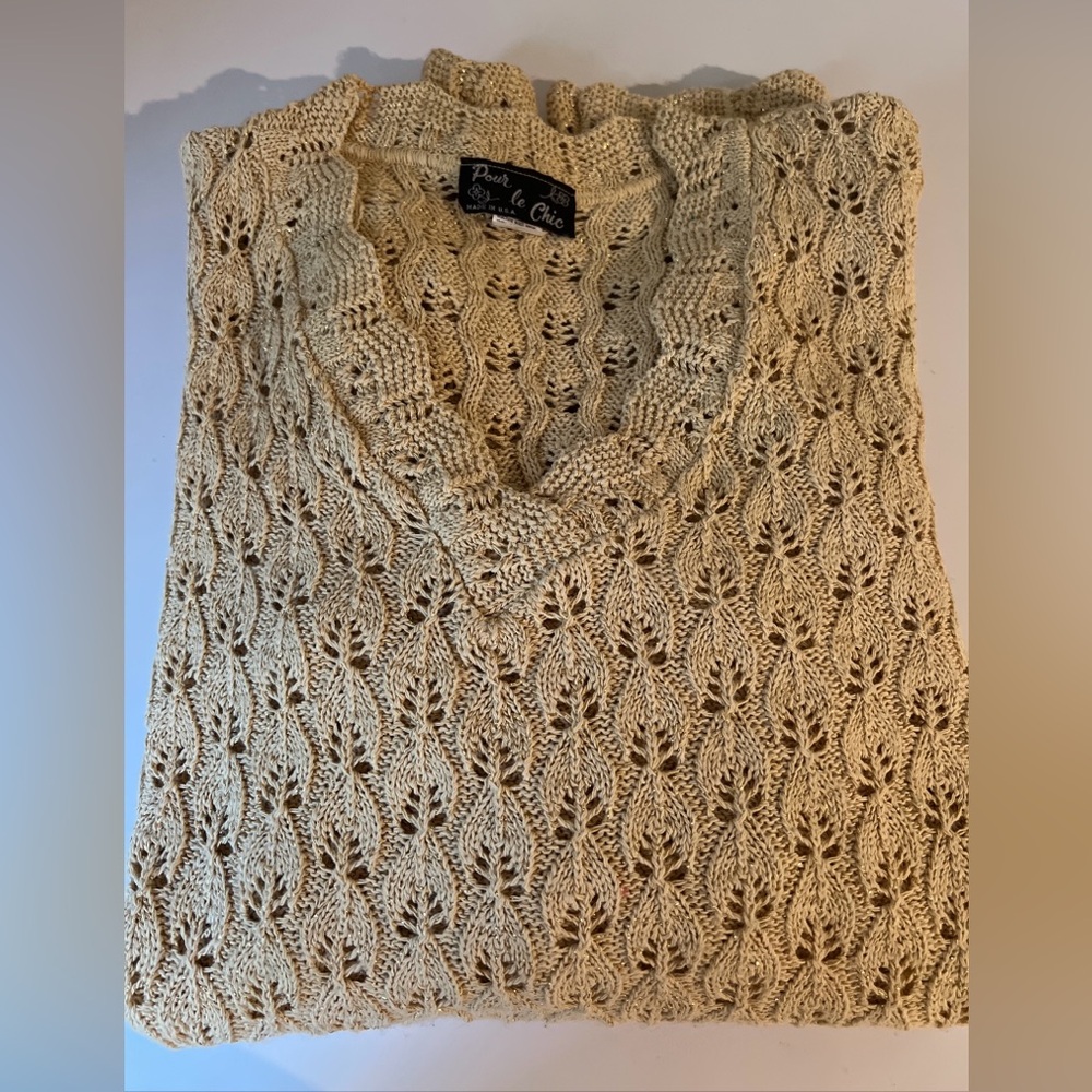 VTG Pour le Chic Women's Sweater  2XL Gold Crochet Solid Long Sleeves USA Made